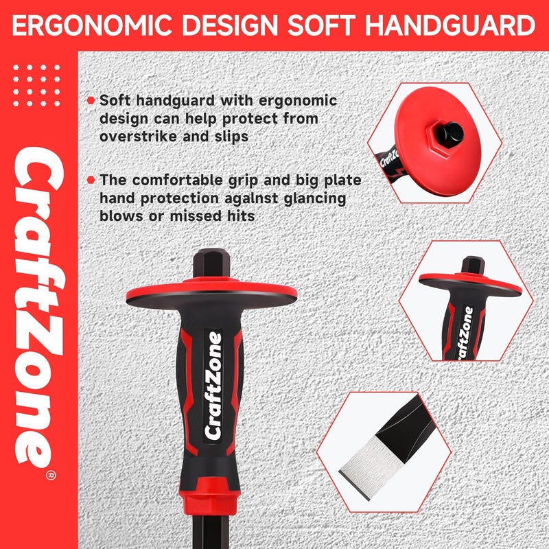 CRAFTZONE Masonry Chisel Set - 2-Piece Heavy Duty Pointed & Flat Rock Chisels, Concrete Stone Chisel with Hand Protection for Brick Breaking Carving Splitting Cutting Mason Tools - Image 4